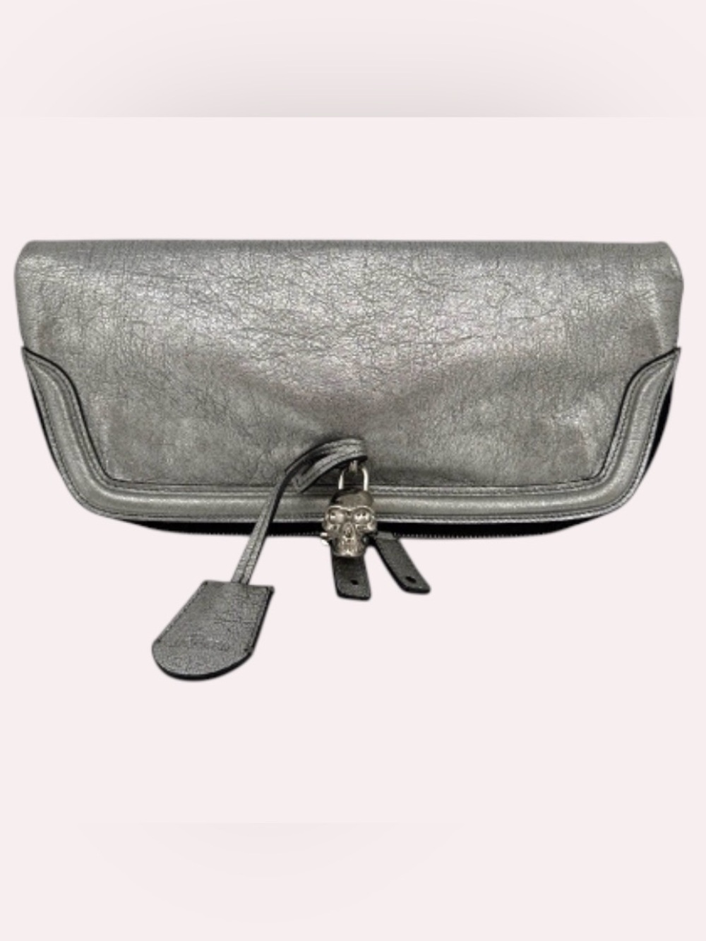 Alexander McQueen De Manta Metallic Silver Leather Skull Clutch